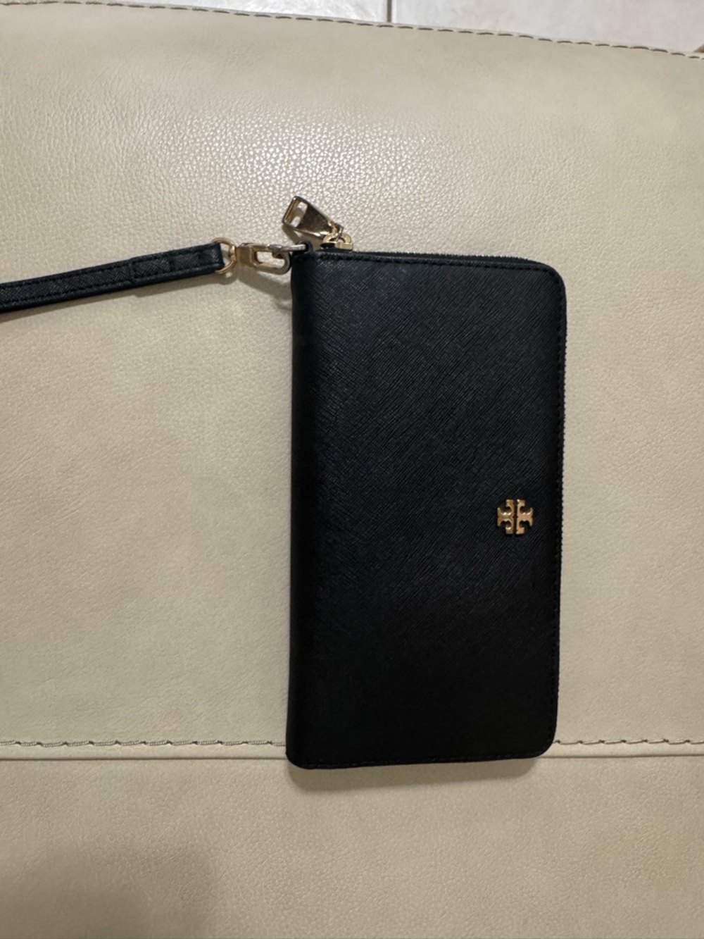 Tory Burch Black Leather Zip Wristlet with Gold Logo